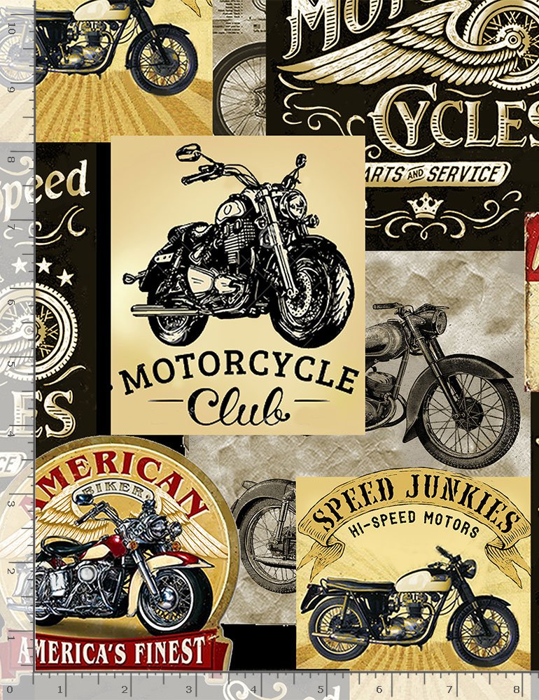 Timeless Treasures - Softie - Packed Motorcycle Signs - PD8049-Softie - Minky