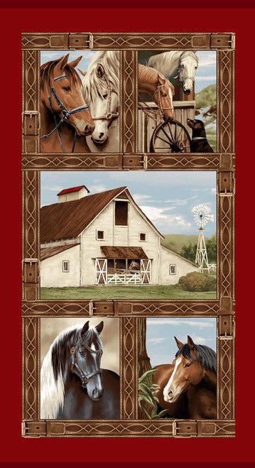 Henry Glass:  Cottonwood Stables - Horse Stable and Horses - Panel - 4066P-88