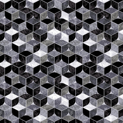 108" Quilt Back - Henry Glass: Tumbling Blocks - Black, Grey, and White Cubes - 3098W-99