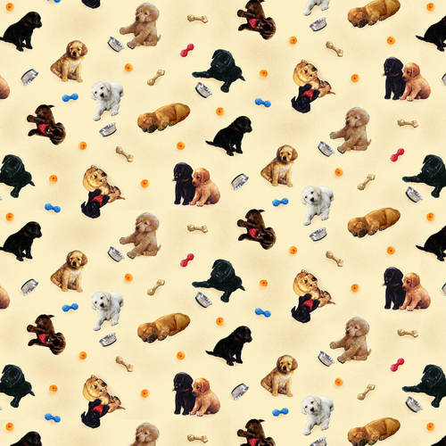 Henry Glass:  Pups in the Garden - Tossed Allover Puppies - 9336-44