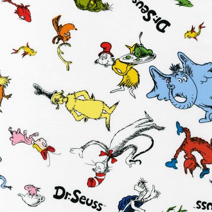 Robert Kaufman: Dr Seuss Celebrate Seuss Tossed Seuss Characters Cotton Quilting Fabric ADE-10790-203