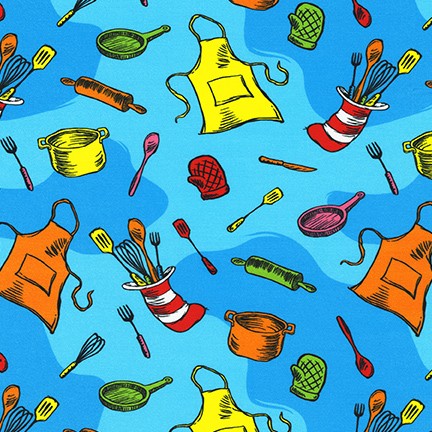 Robert Kaufman Dr Seuss Enterprises Blue Seuss Chef  Cotton Quilting Fabric ADE-20392-4