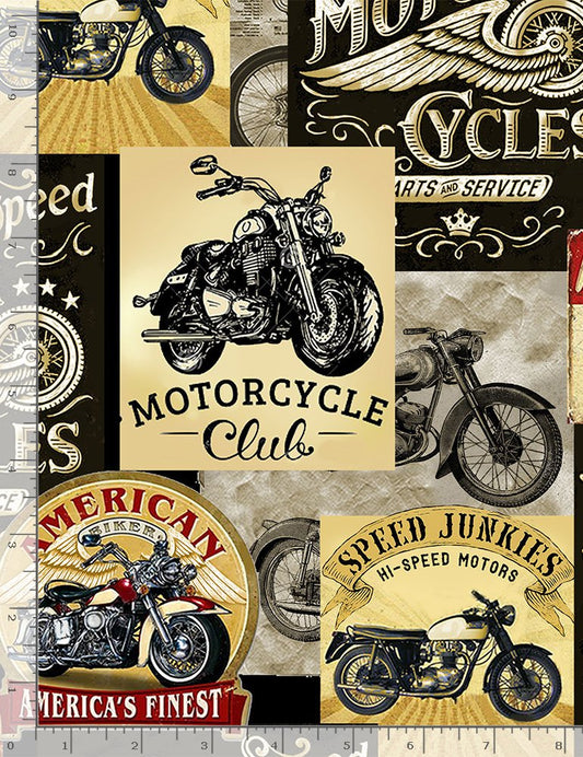 Timeless Treasures - Softie - Packed Motorcycle Signs - PD8049-Softie - Minky